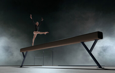 Female gymnast doing a complicated trick in a professional arena.