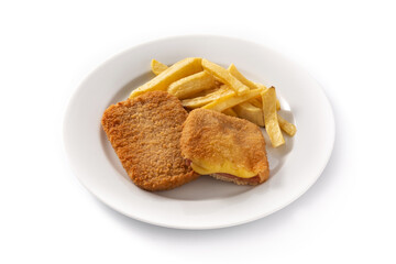 San Jacobo steak filled with cheese and ham isolated on white background