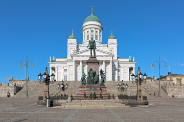 Helsinki cathedral and statue of Emperor Alexander II on the Senate Square in Helsinki, Finland....