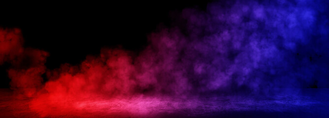 Empty space of Studio dark room with fog or mist and lighting effect red and blue on concrete floor...