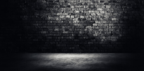 Empty space of Studio dark room concrete floor grunge texture background with light shading on brick wall.