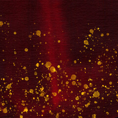 Maroon texture and Golden watercolor drops. Colourful abstract background