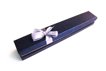 Long blue box with a bow