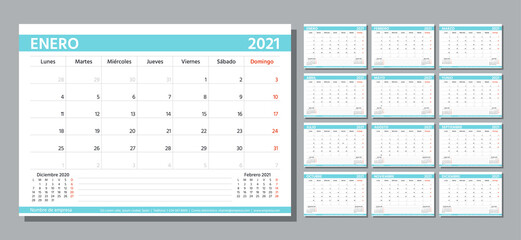 Spanish planner 2021 year. Calendar template. Vector illustration. Table schedule grid.