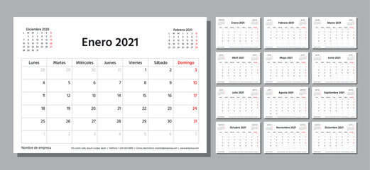 2021 year planner. Spanish calendar template. Vector illustration. Table schedule grid.
