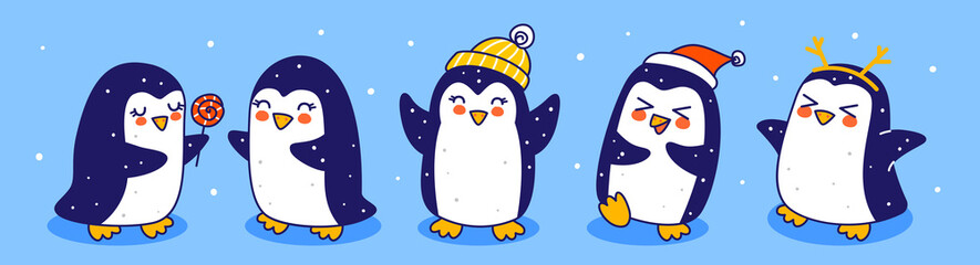Cute little penguins border on blue background - cartoon characters for funny Christmas and New Year holidays panoramic banner