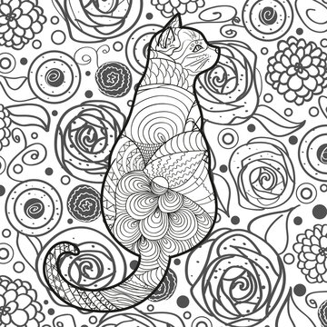 Square intricate background. Hand drawn ornate cat. Design for spiritual relaxation for adults. Black and white illustration