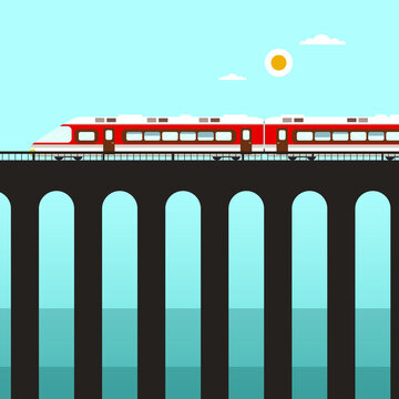 Train on Tall Bridge over River or Ocean Vector Cartoon