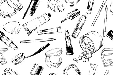 Seamless pattern of make up products, hand drawn vector