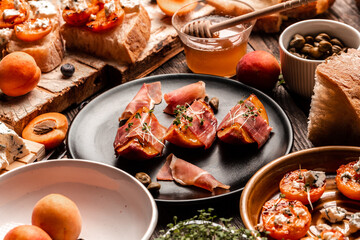 Delicious and healthy dish Grilled peach with prosciutto, capers, microgreen, banner, catering menu recipe, top view