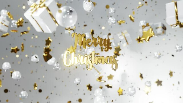 New year and Christmas 2024. Mobile gold inscription MERRY CHRISTMAS on white background with gift boxes, golden stars, christmas balls. 4K 3D loop animation