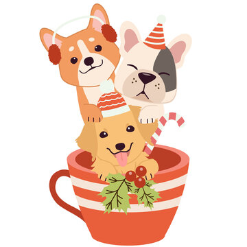 The character of cute dog and friends in the cup in christmas theme. illustation for greeting card,banner,poster,content,sticker.