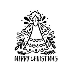 Merry Christmas decoration hand drawn.Doodle style greeting card with christmas angel