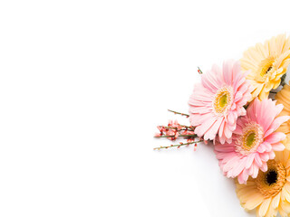 Beautiful pastel pink and orange gerbera bouquet isolated on white background. Giving flowers for womens, mothers day, vertical