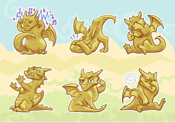 cute golden dragon stickers set, emotions and activities