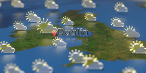 Dublin city and partly cloudy weather icon on the map, weather forecast related 3D rendering
