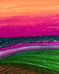 dawn in the field illustration. bright landscape. neon colors. sunrise sketch. oil pastel texture. Hand drawn 