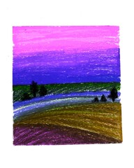 dawn in the field illustration. bright landscape. neon colors. sunrise sketch. oil pastel texture. Hand drawn 