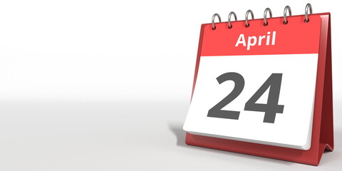 April 24 date on the flip calendar page, 3d rendering