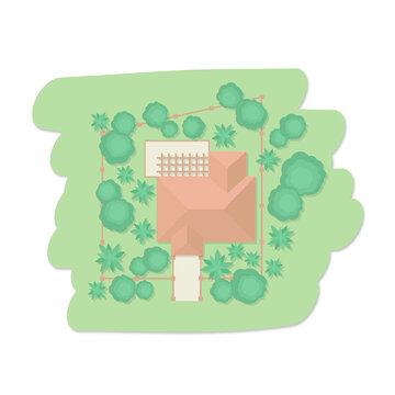 Aerial view of house cabin and trees, cartoon building with fence, property isolated illustration