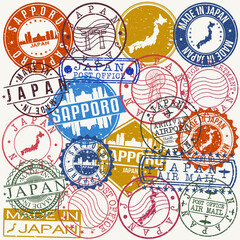 Sapporo Japan. Set of Stamps. Travel Stamp. Made In Product. Design Seals Old Style Insignia.