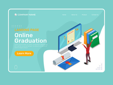 Online graduation or distance graduation with isometric character and diploma certificate in computer screen. isometric landing page illustration template. Vector