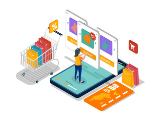 Woman push buy button in online shop at mobile phone. Isometric ecommerce illustration template with character. Vector