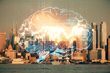 Brain hologram drawing on cityscape background multi exposure. Ai in modern city concept.