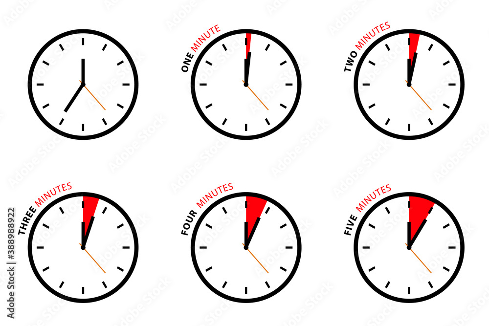 Sticker vector clock set isolated on white background - one, two, three, four, five minutes icons