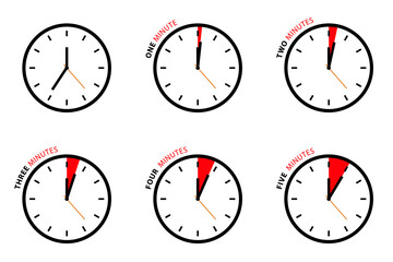 Vector Clock Set Isolated on White Background - One, Two, Three, Four, Five Minutes Icons