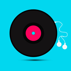 LP Vinyl Record with Headphones Vector Illustration on Blue Background
