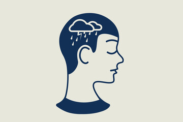 Feeling depressed vector illustration. Raining in the head of a person. Conceptual line art illustration icon. Simple cartoon on a neutral background.