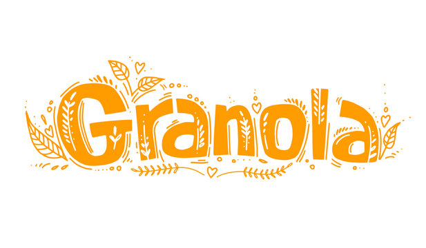 Granola logo template with handwritten calligraphy lettering composition in doodle style. Muesli, organic health food concept. Hand made vector.