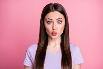 Closeup photo of attractive charming cute appearance lady long straight hairdo sending air kisses...