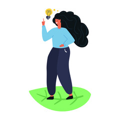 Woman stand with bulb, idea concept. Flat illustration.