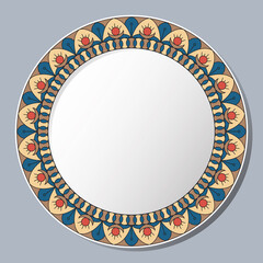 Decorative plate with folklore ornament. Circular border in vintage style