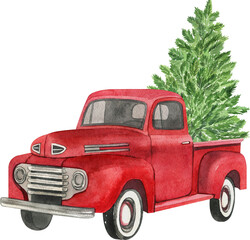 Christmas red retro truck with Christmas tree. Watercolor holiday illustration. Perfect for your Christmas and New Year project, invitations, greeting cards, wallpapers