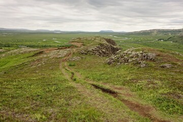 Fototapeta na wymiar Landscape of Icelandic country near Geysir at Haukadalur at Blaskogabyggd circle