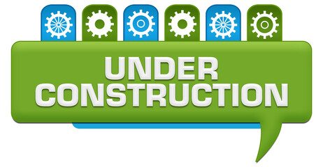 Fototapeta premium Under Construction Blue Green Comment With Gears Symbols On Top 