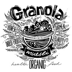 Obraz premium granola in doodle style with lettering. healthy food concept. oatmeal porridge recipe. handmade vector illustration with breakfast organic food.
