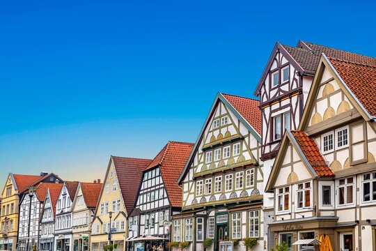 scenic old half timbered houses in the town of Detmold in the Lippe area in Germany