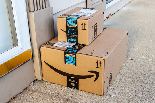 Amazon Prime Boxes. Amazon.com Is The Largest Internet-Based Retailer In The US And Celebrates Prime Day.