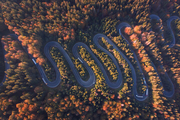 Aerial view of a serpent road at Cheia, Romania, in the heart of Transylvania