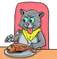 Funny cartoon, the cat eating fish