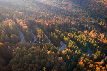 Aerial view of a serpent road at Cheia, Romania, in the heart of Transylvania