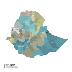 Ethiopia higt detailed map with subdivisions. Administrative map of Ethiopia with districts and cities name, colored by states and administrative districts. Vector illustration with editable and label - obrazy, fototapety, plakaty
