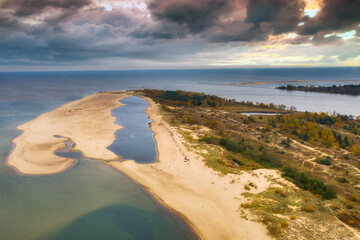 Aerial landscape of the seagull sandbank at Baltic Sea in Sobieszewo, Poland