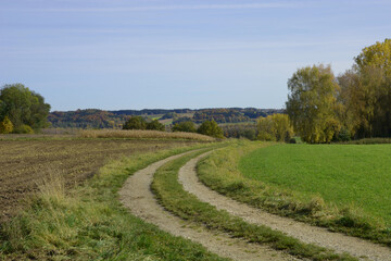 Fototapeta na wymiar idyllic rural dirt road landscape somewhere in bavaria at autumn time
