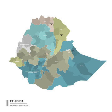 Ethiopia higt detailed map with subdivisions. Administrative map of Ethiopia with districts and cities name, colored by states and administrative districts. Vector illustration with editable and label
