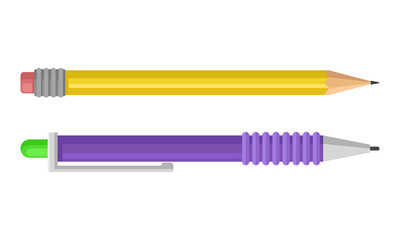 Pen and Graphite Pencil as Writing or Drawing Instrument Vector Set